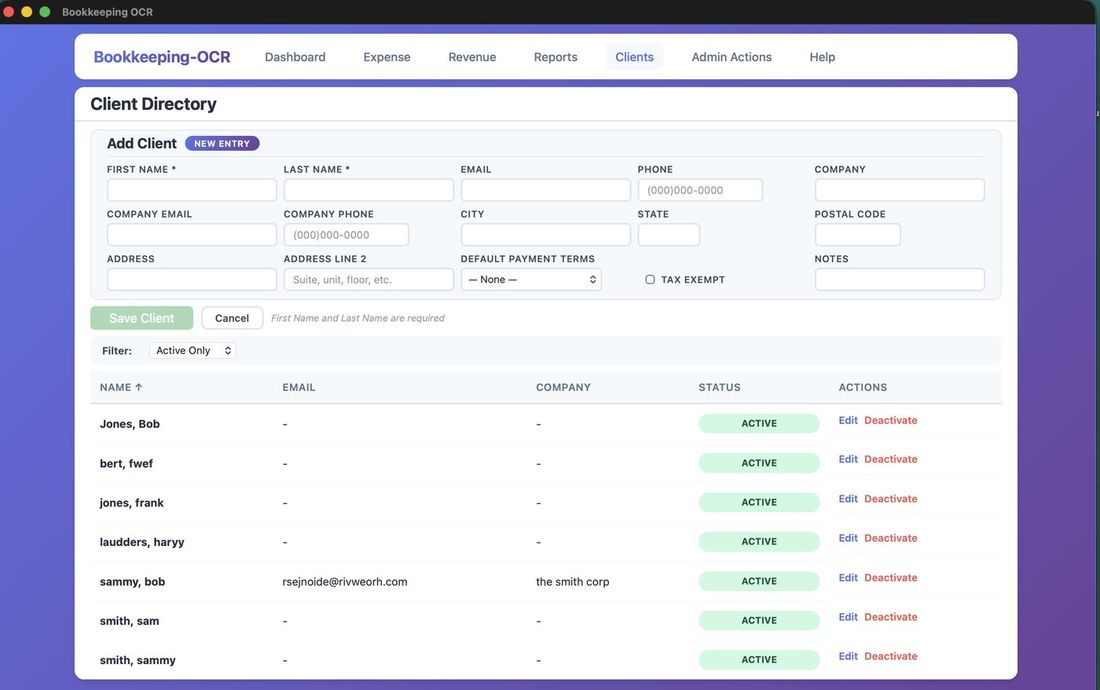 Clients list with filter options