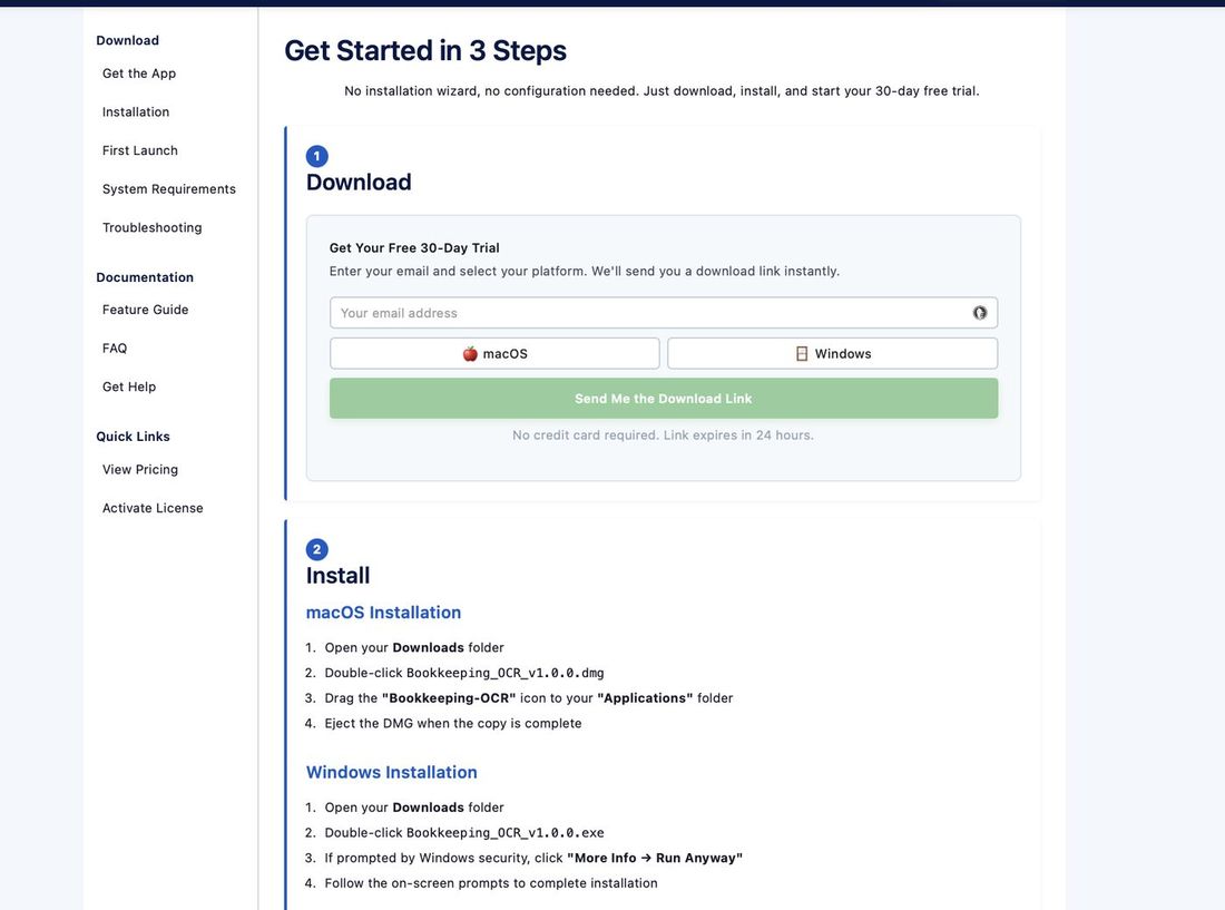 Download request form with email and OS selection