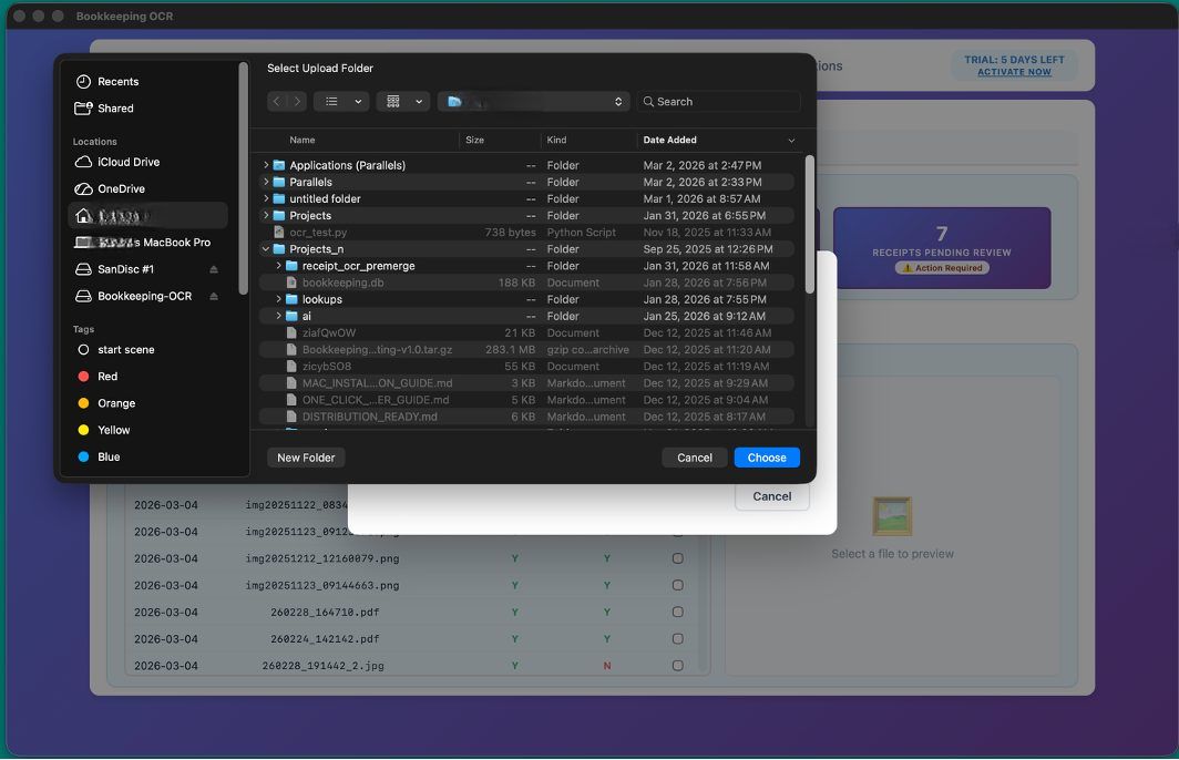 Folder browser for selecting receipt images
