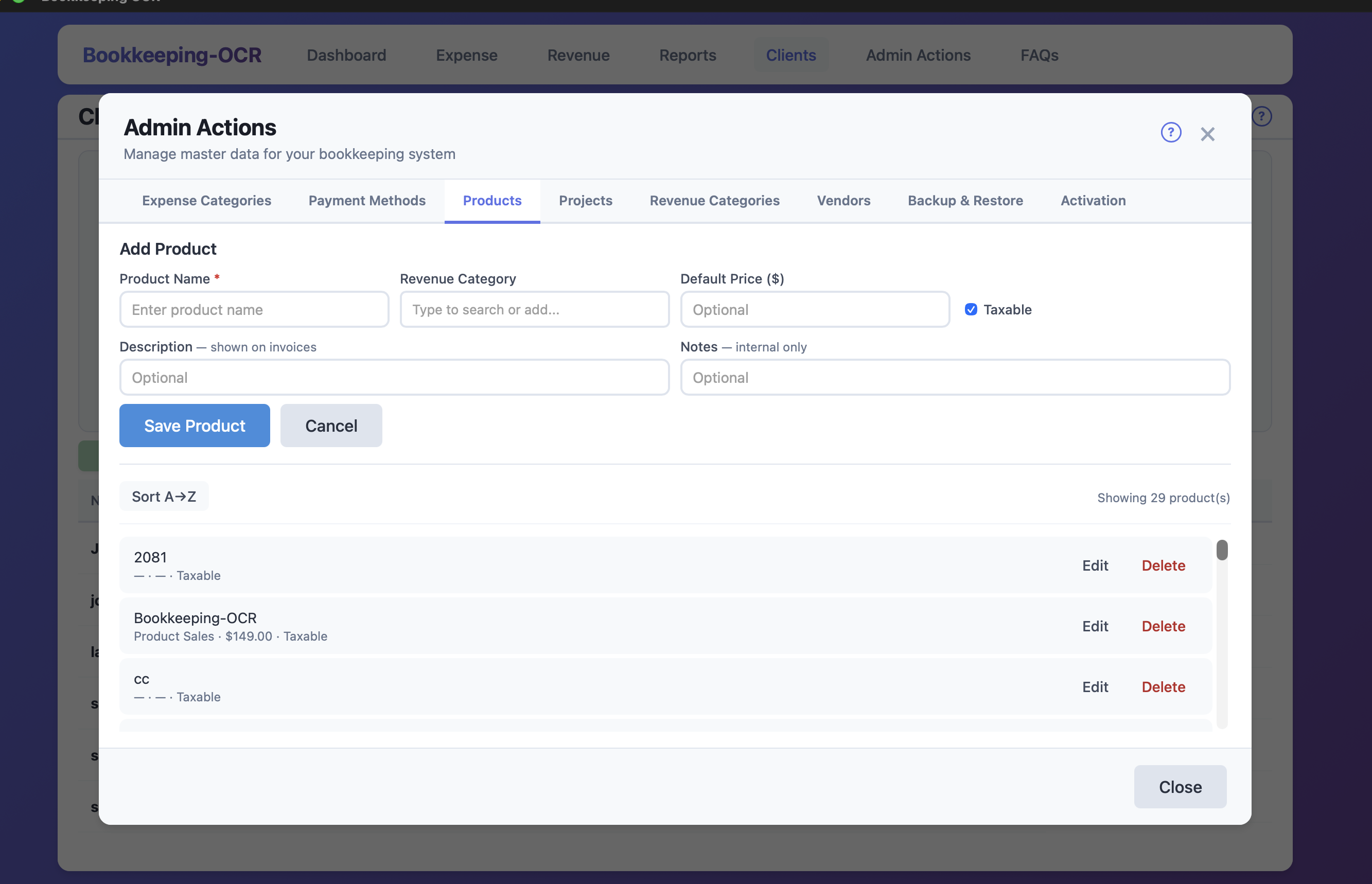 Products tab with Revenue Category and Taxable fields