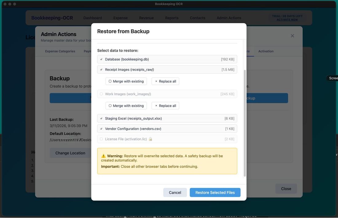 Restore file selection screen